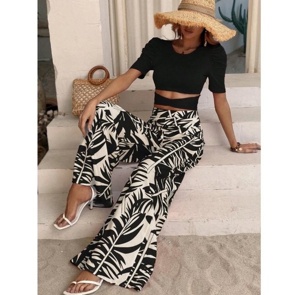 Black Boho Coord set tie Back Tee & Tropical Print Wide Leg Pants - Picture 1 of 7
